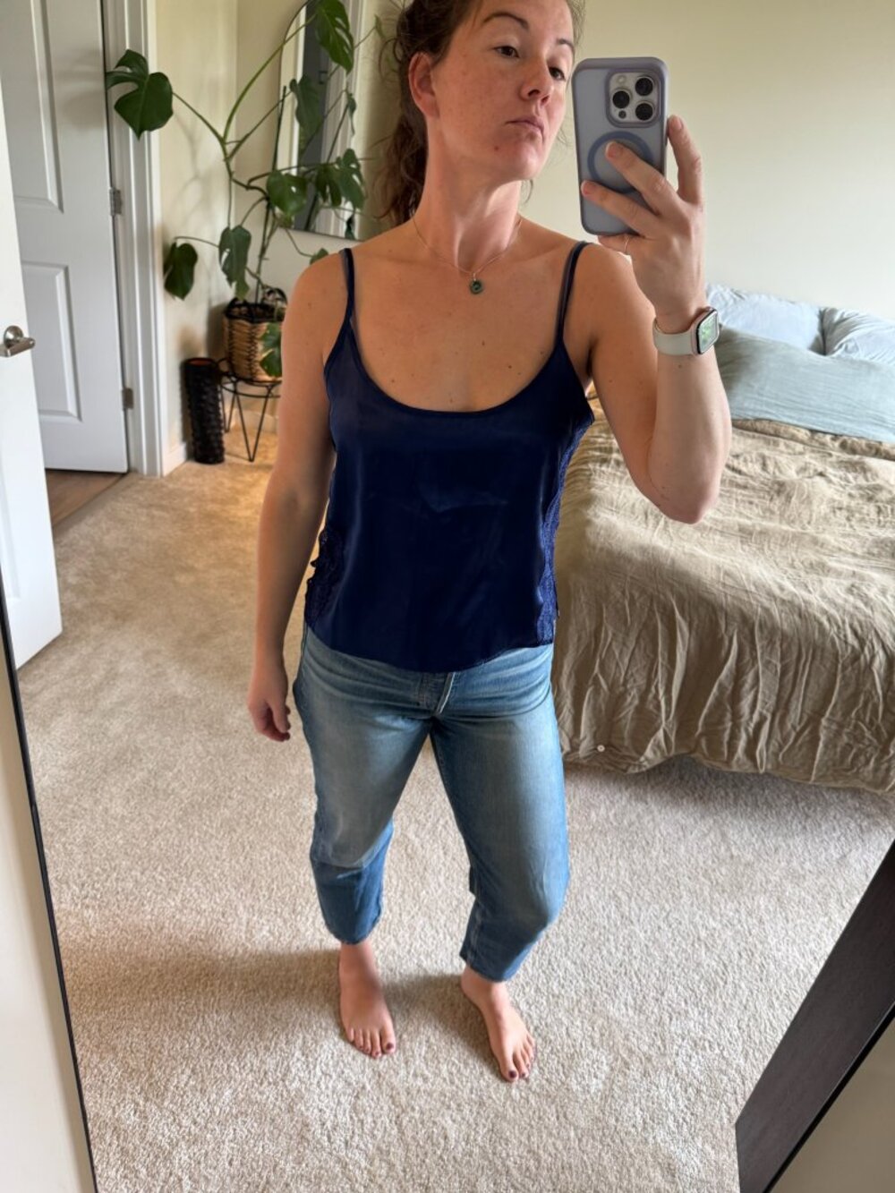 In Bloom by Jonquil Navy Satin Camisole with Lace Accented Sides Medium
